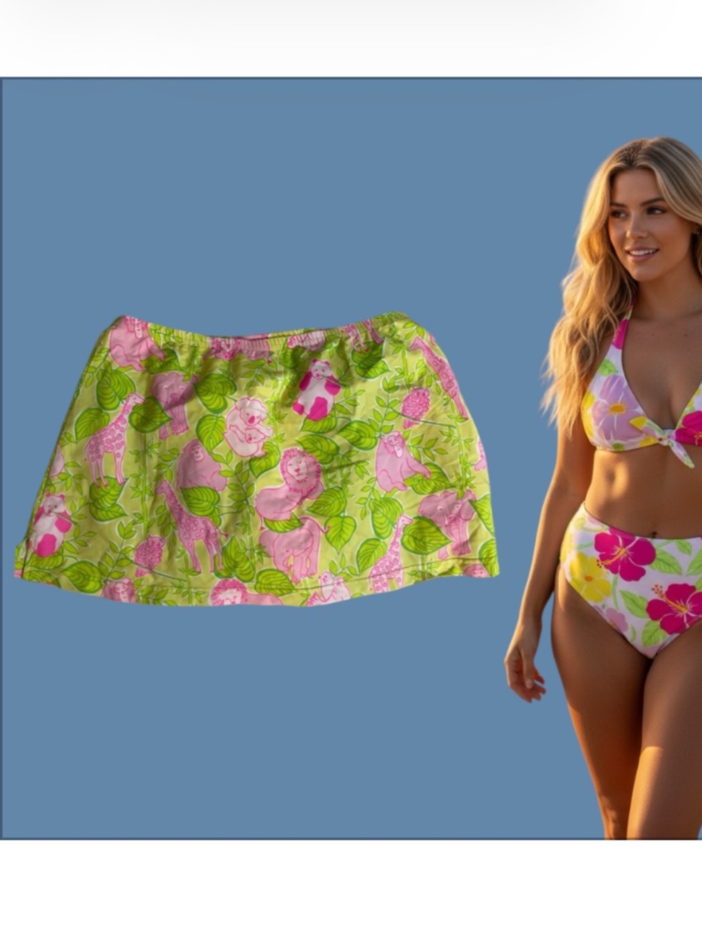 Lilly Pulitzer Pink and Green Animal Print Swim Skirt Vintage San Diego